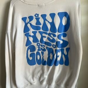 White “Kindness” Sweatshirt with Blue Flower